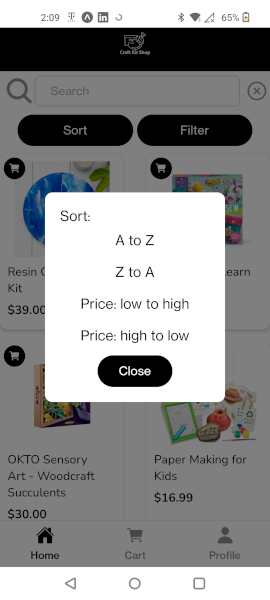 Photo of sort modal on Craft Kit E-Commerce