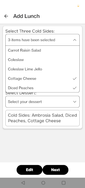 Photo of add lunch screen